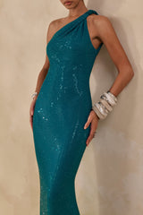 Deity | Teal Embellished Asymmetric-Neck Maxi Dress With Open-Back