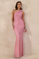 Deity | Pink Embellished Asymmetric-Neck Maxi Dress With Open-Back