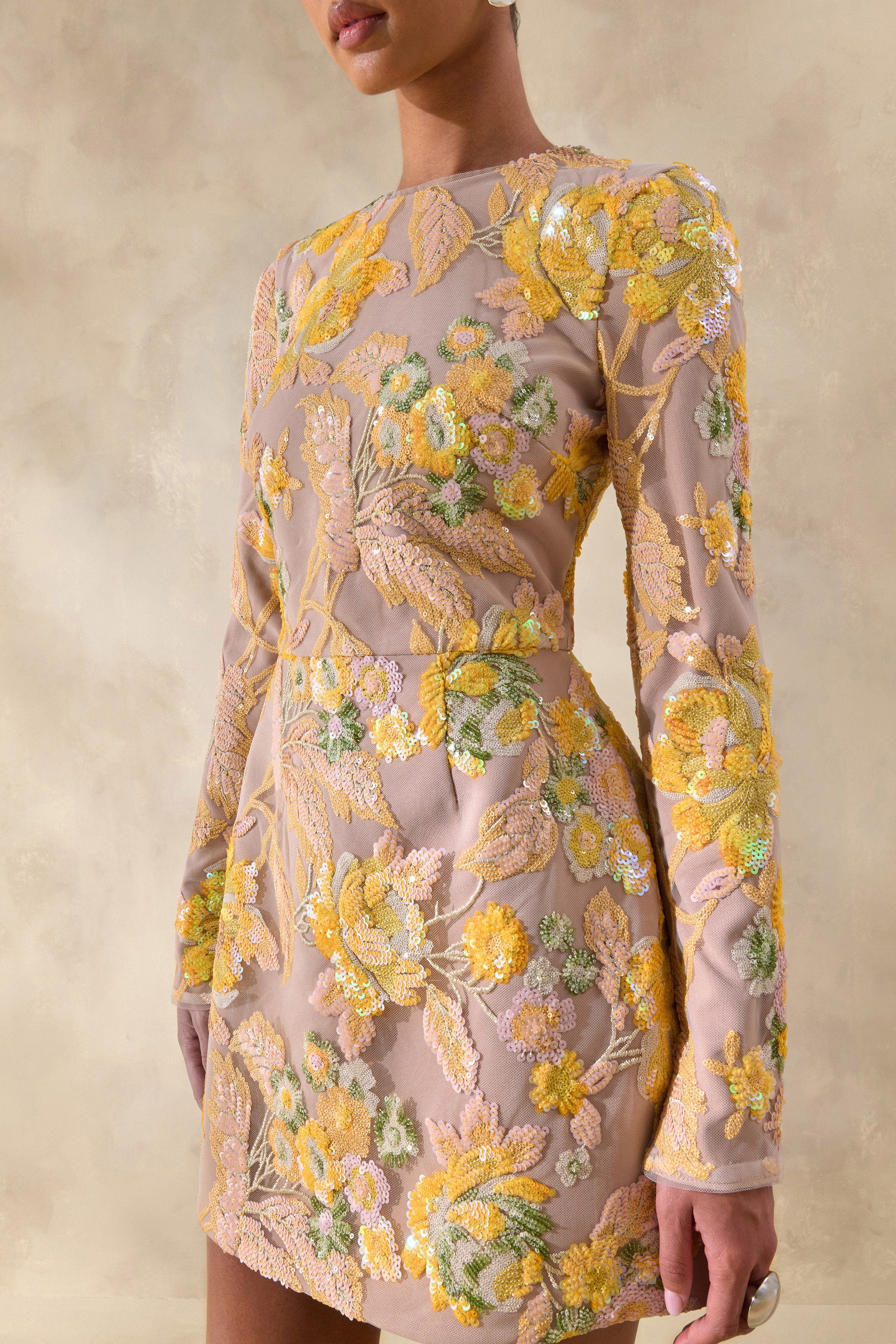 Merdia | Yellow Embellished Floral Crew-Neck Mini Dress