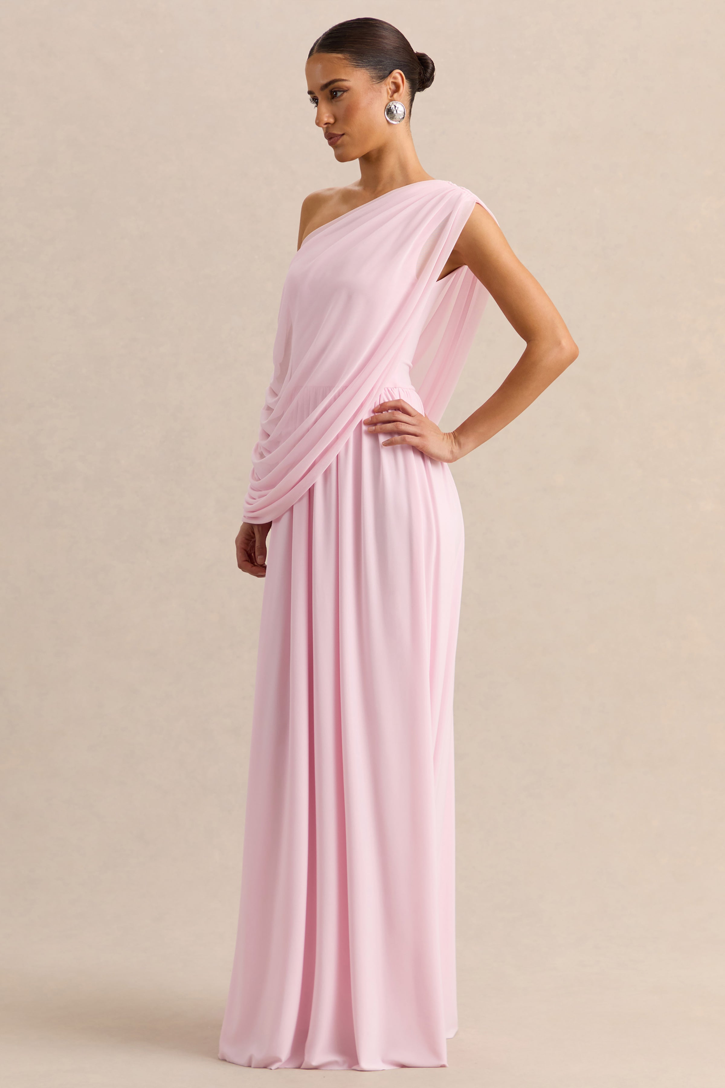 Sabianna | Pink Asymmetric-Neck Maxi Dress With Draped Detailing