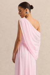 Sabianna | Pink Asymmetric-Neck Maxi Dress With Draped Detailing
