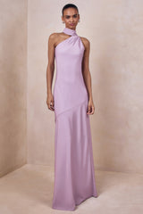 Cara | Lilac Matte Satin High-Neck Maxi Dress