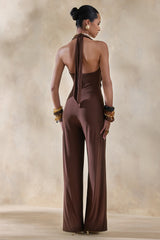 Clemence | Brown Plunge-Neck Jumpsuit