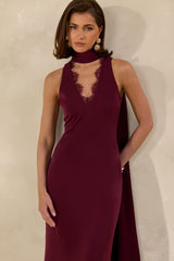 True Icon | Burgundy Satin High-Neck Maxi Slip Dress With Sash