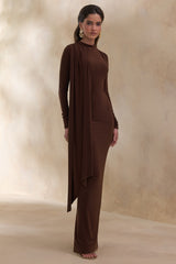 Amaria | Brown High-Neck Maxi Dress With Sash-Detail