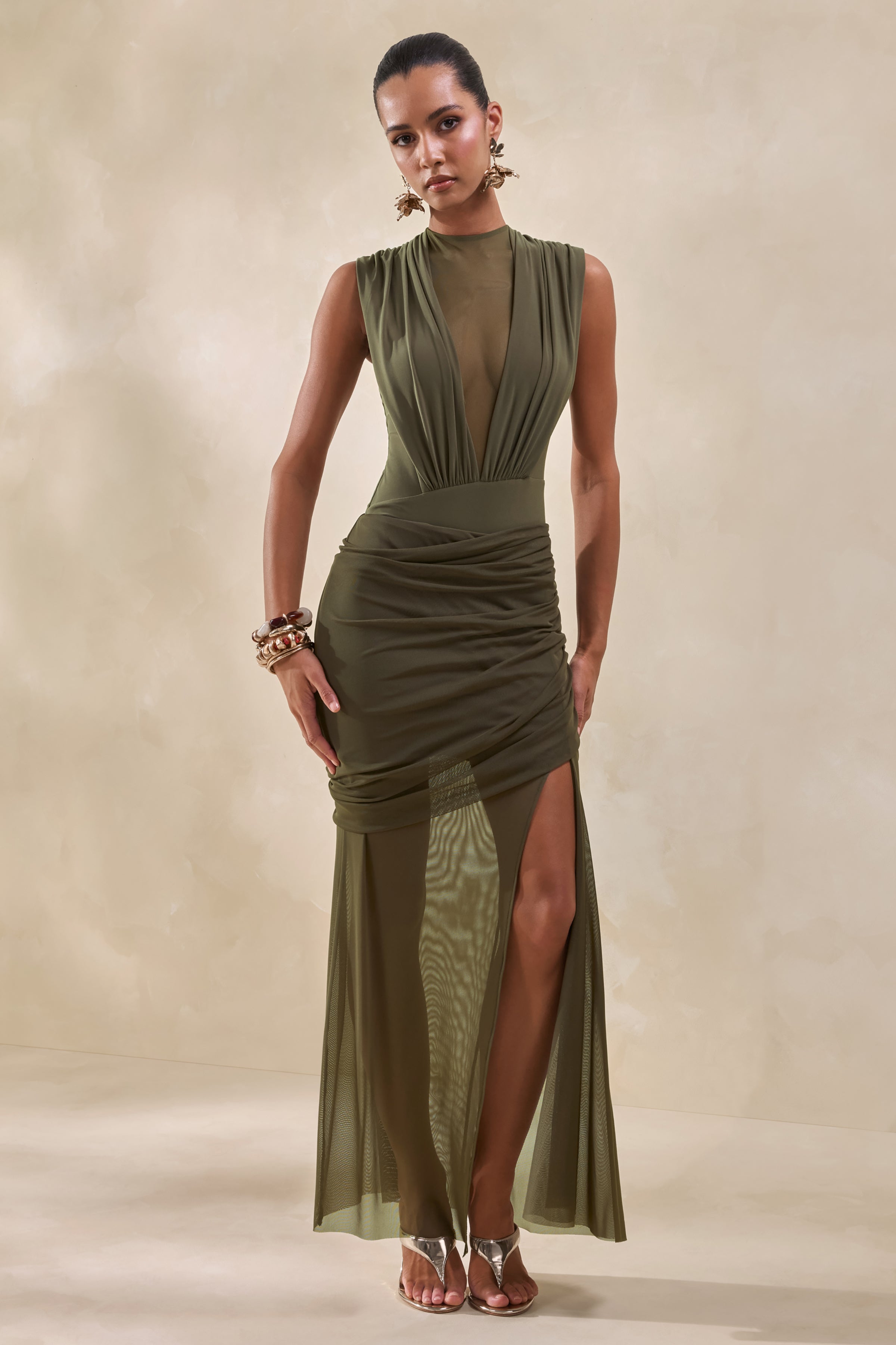 Kessia | Khaki Wide-Neck Thong Bodysuit With Mesh Detail