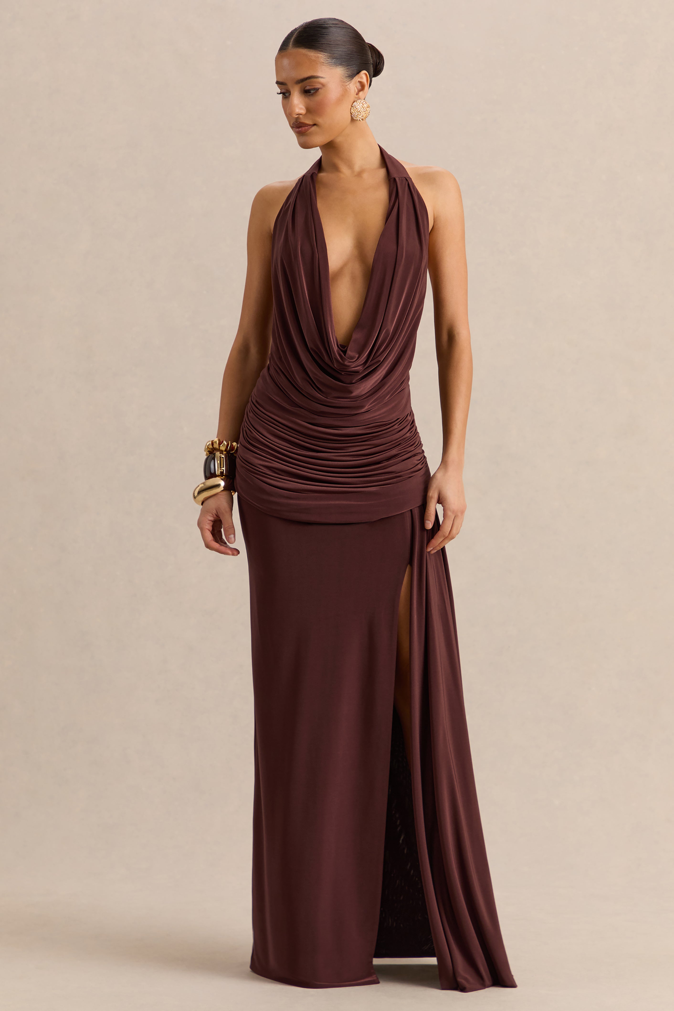 Ariadne | Dark Brown Draped Maxi Skirt With Split
