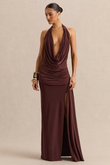 Ariadne | Dark Brown Draped Maxi Skirt With Split