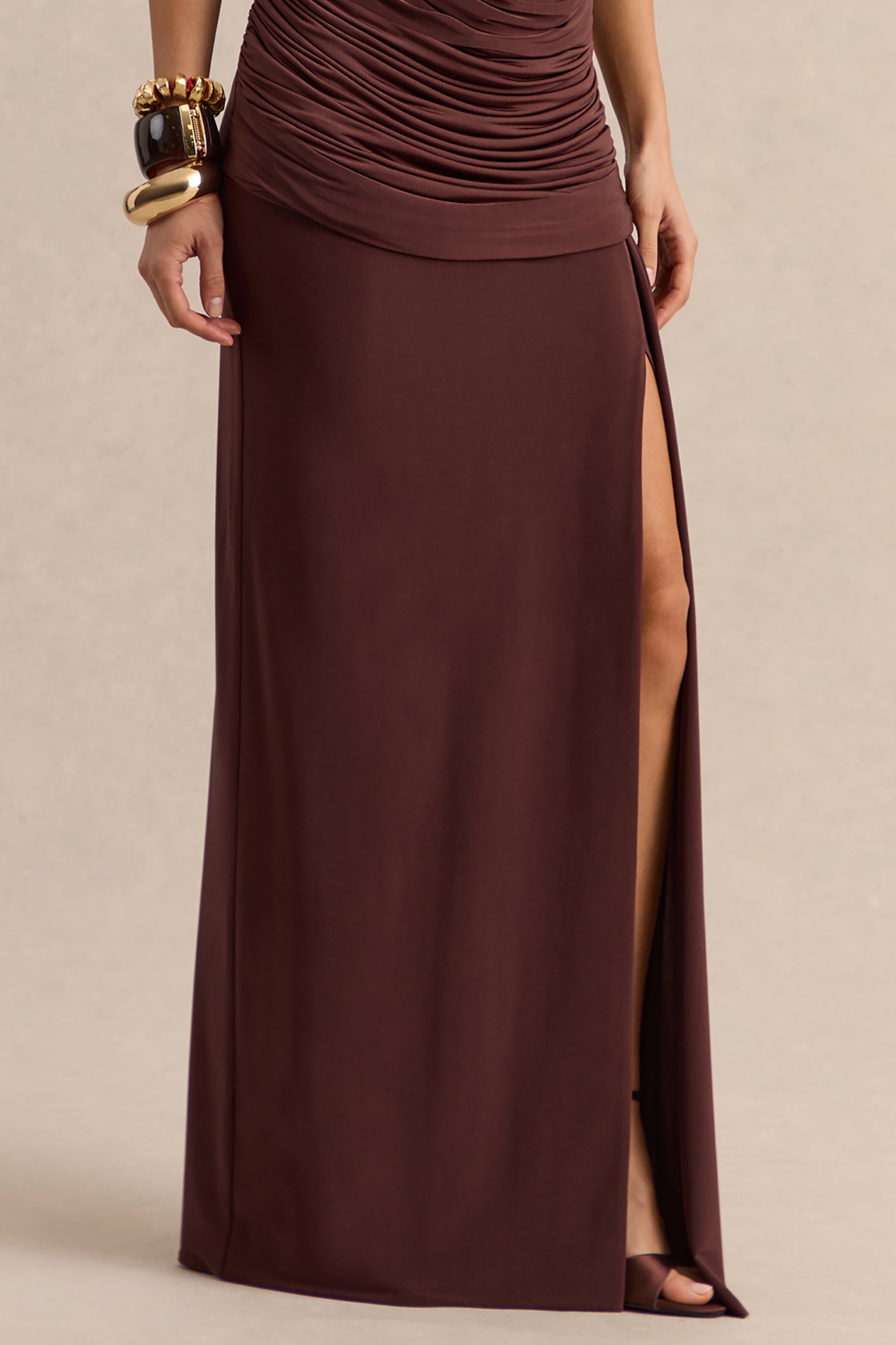Ariadne | Dark Brown Draped Maxi Skirt With Split