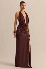 Ariadne | Dark Brown Draped Maxi Skirt With Split