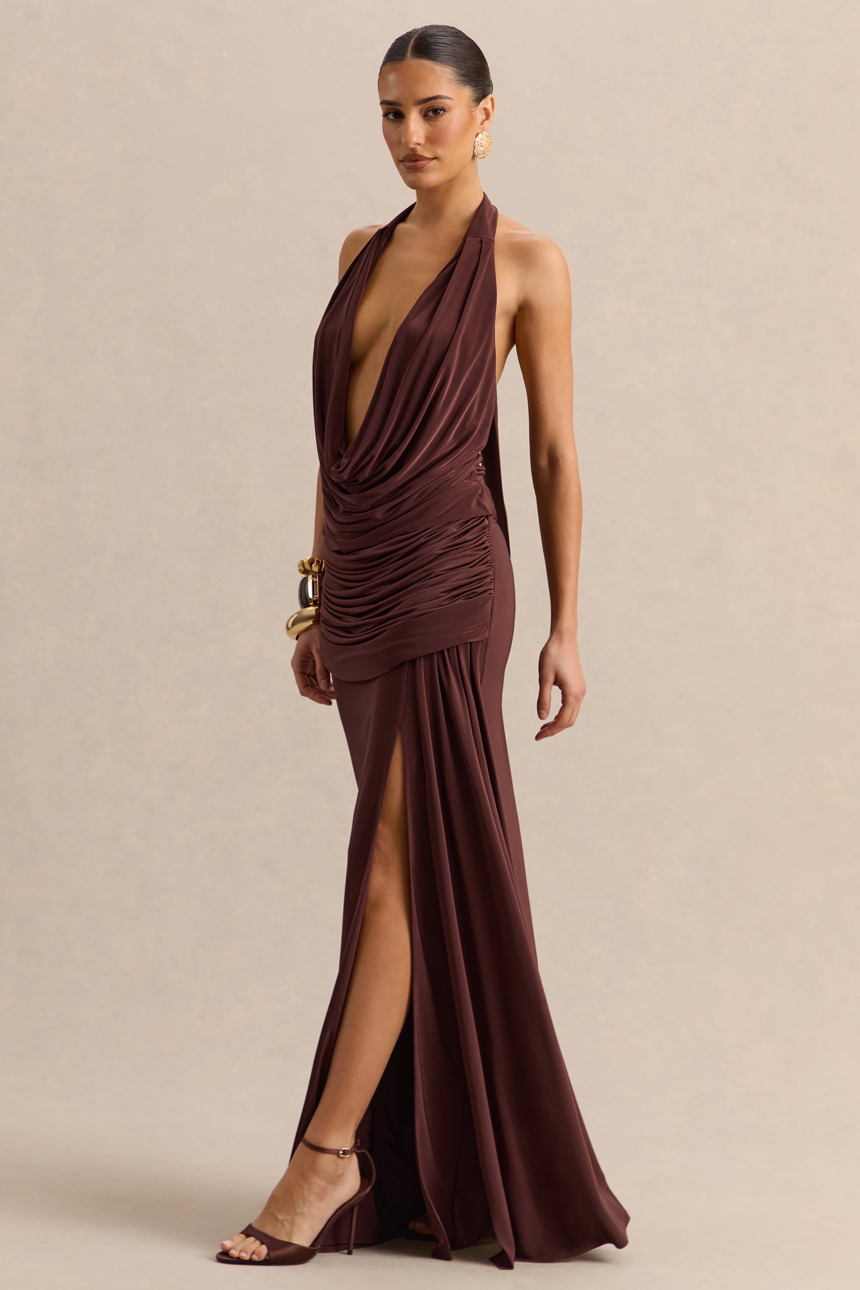 Ariadne | Dark Brown Draped Maxi Skirt With Split