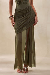 Persephone | Khaki Mesh Wrapped Maxi Skirt With Split