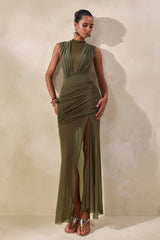 Persephone | Khaki Mesh Wrapped Maxi Skirt With Split