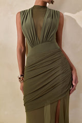Persephone | Khaki Mesh Wrapped Maxi Skirt With Split