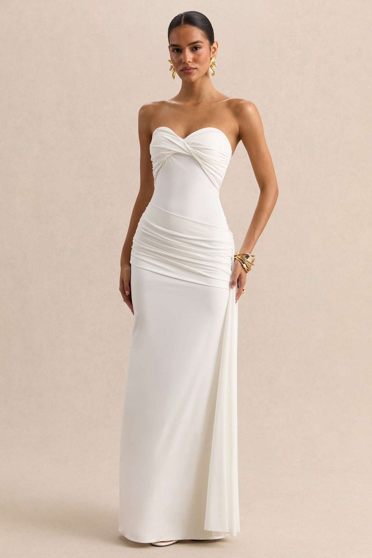 Liramine | White Bandeau Maxi-Dress With Gathered-Detailing And Sash