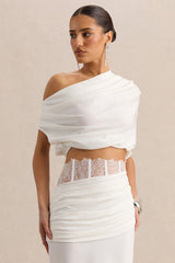 Yaselle | White Satin Asymmetric-Neck Crop-Top