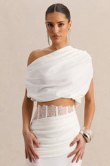 Yaselle | White Satin Asymmetric-Neck Crop-Top