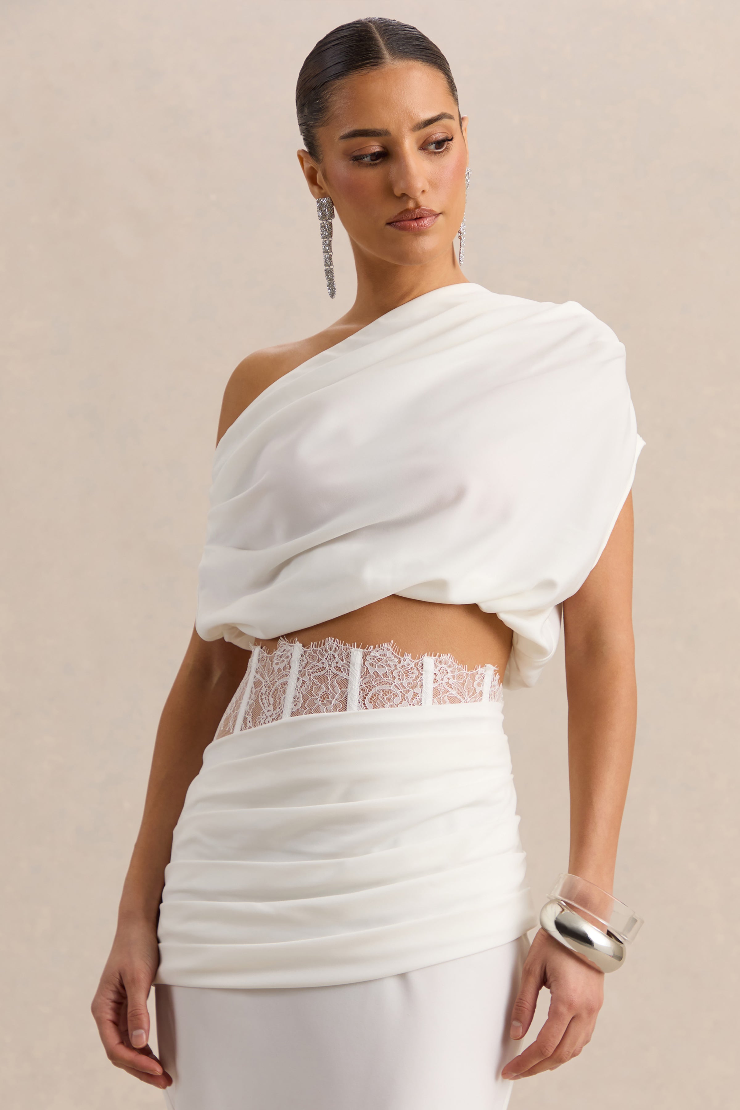 Yaselle | White Satin Asymmetric-Neck Crop-Top