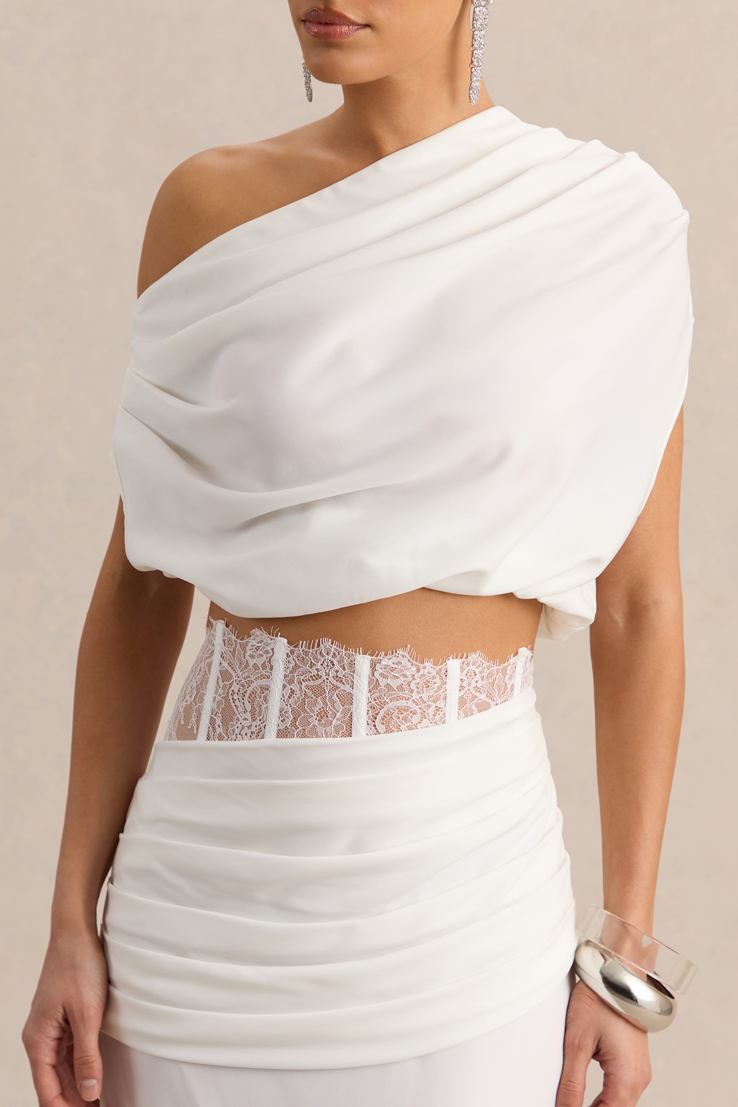 Yaselle | White Satin Asymmetric-Neck Crop-Top