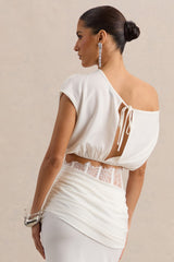 Yaselle | White Satin Asymmetric-Neck Crop-Top