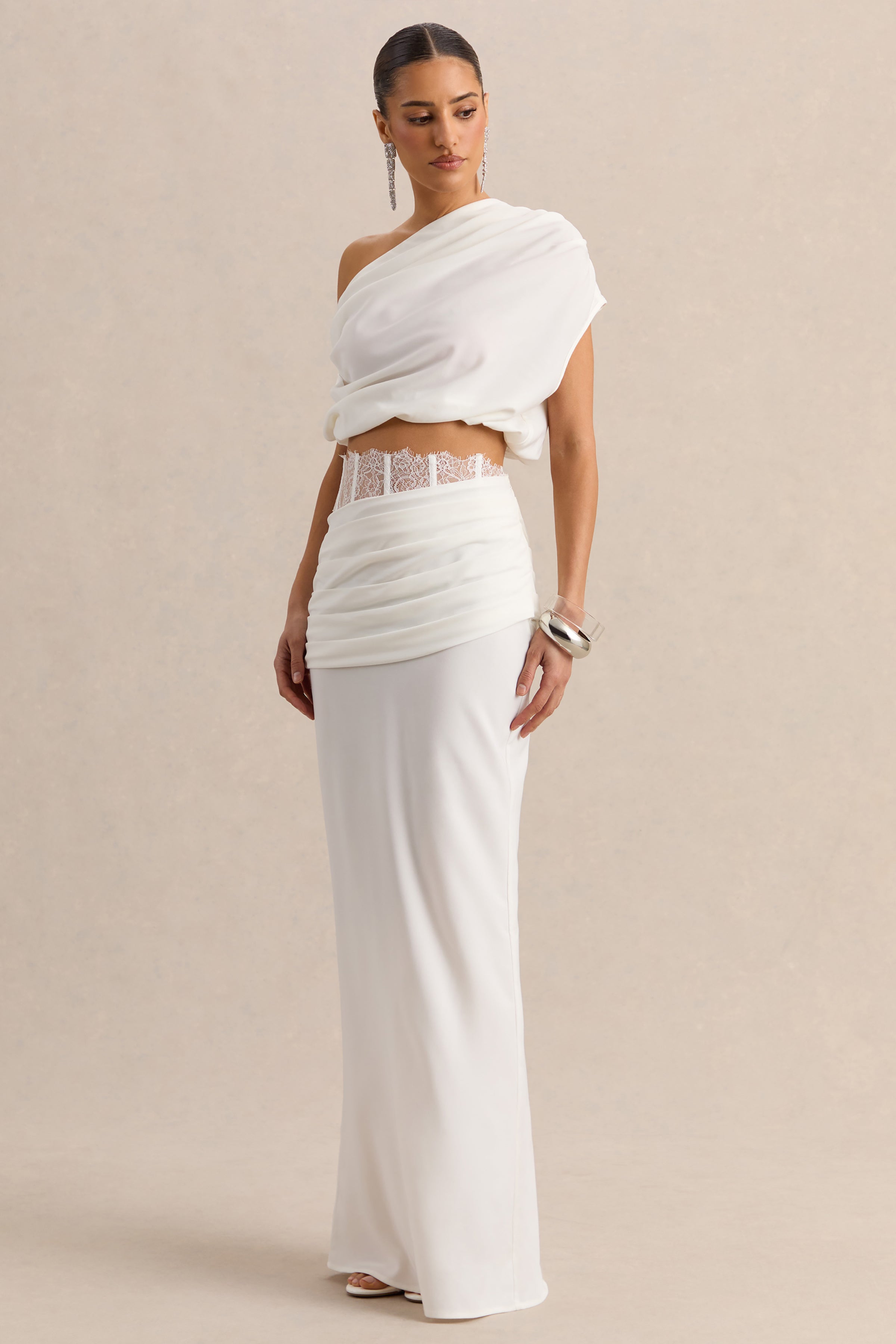 Silora | White Satin Maxi Skirt With Lace-Detail