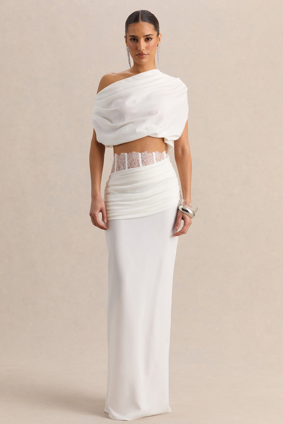 Silora | White Satin Maxi Skirt With Lace-Detail