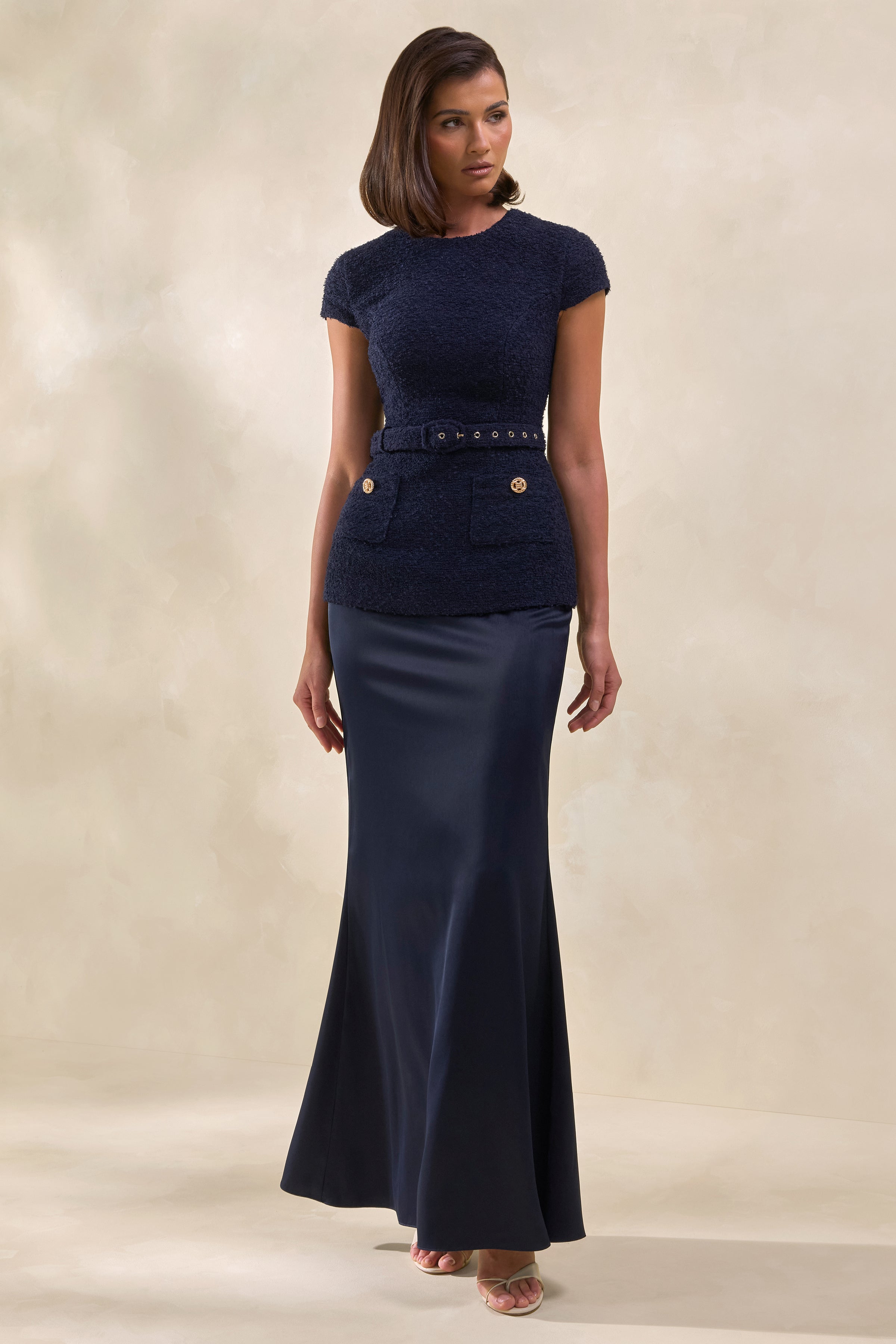 Whispera | Navy Crew-Neck Maxi Dress With Satin Skirt And Pocket-Details