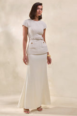 Whispera | Cream Crew-Neck Maxi Dress With Satin Skirt And Pocket-Details
