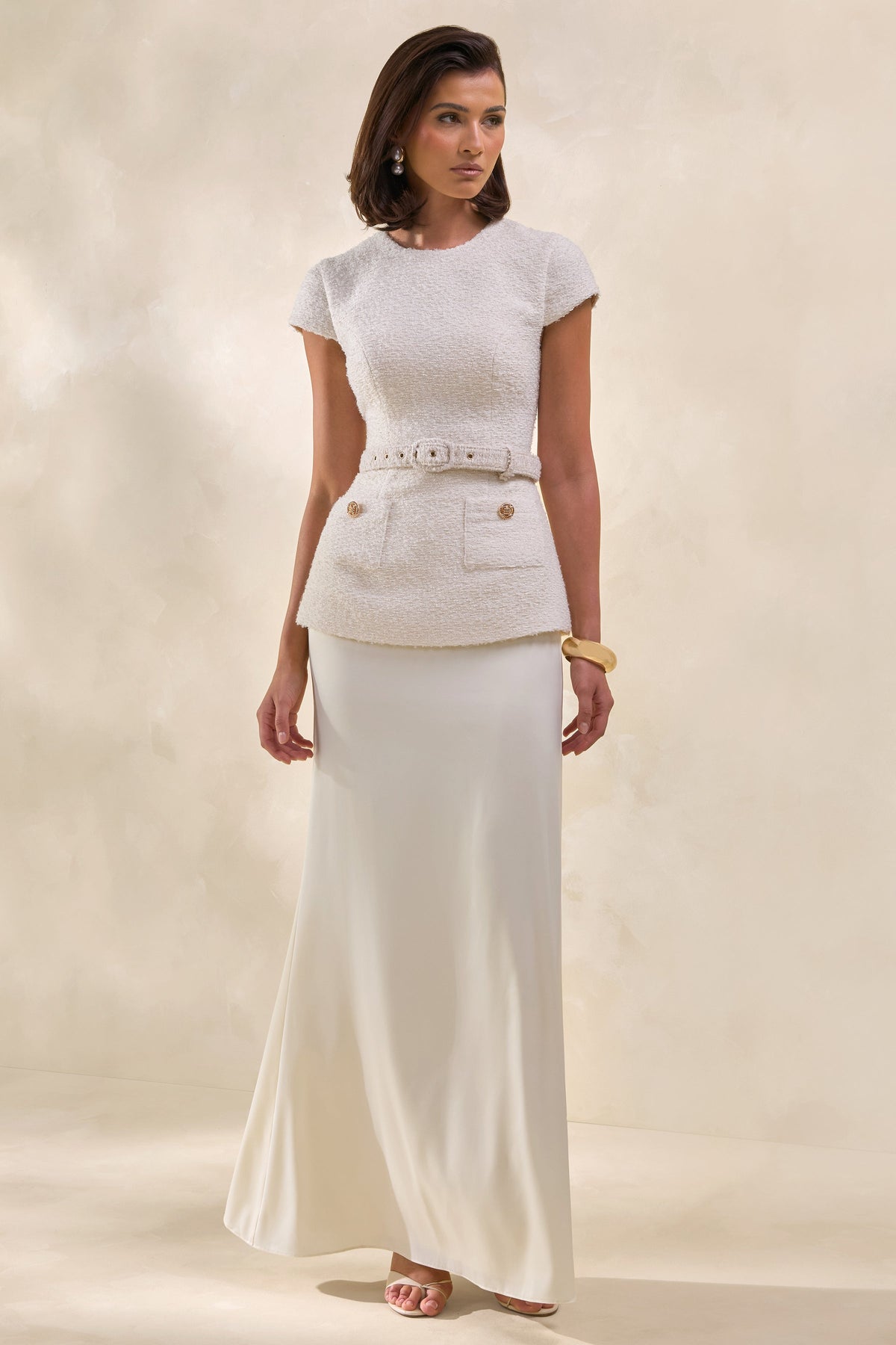 Whispera | Cream Crew-Neck Maxi Dress With Satin Skirt And Pocket-Details