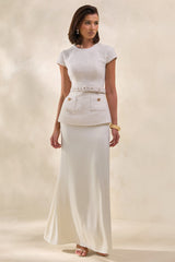Whispera | Cream Crew-Neck Maxi Dress With Satin Skirt And Pocket-Details