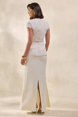 Whispera | Cream Crew-Neck Maxi Dress With Satin Skirt And Pocket-Details