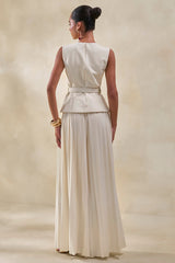 Karienne | Cream Round-Neck Top With Belted-Detail