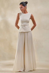 Lerenza | Cream Satin Wide-Leg Pleated Trousers