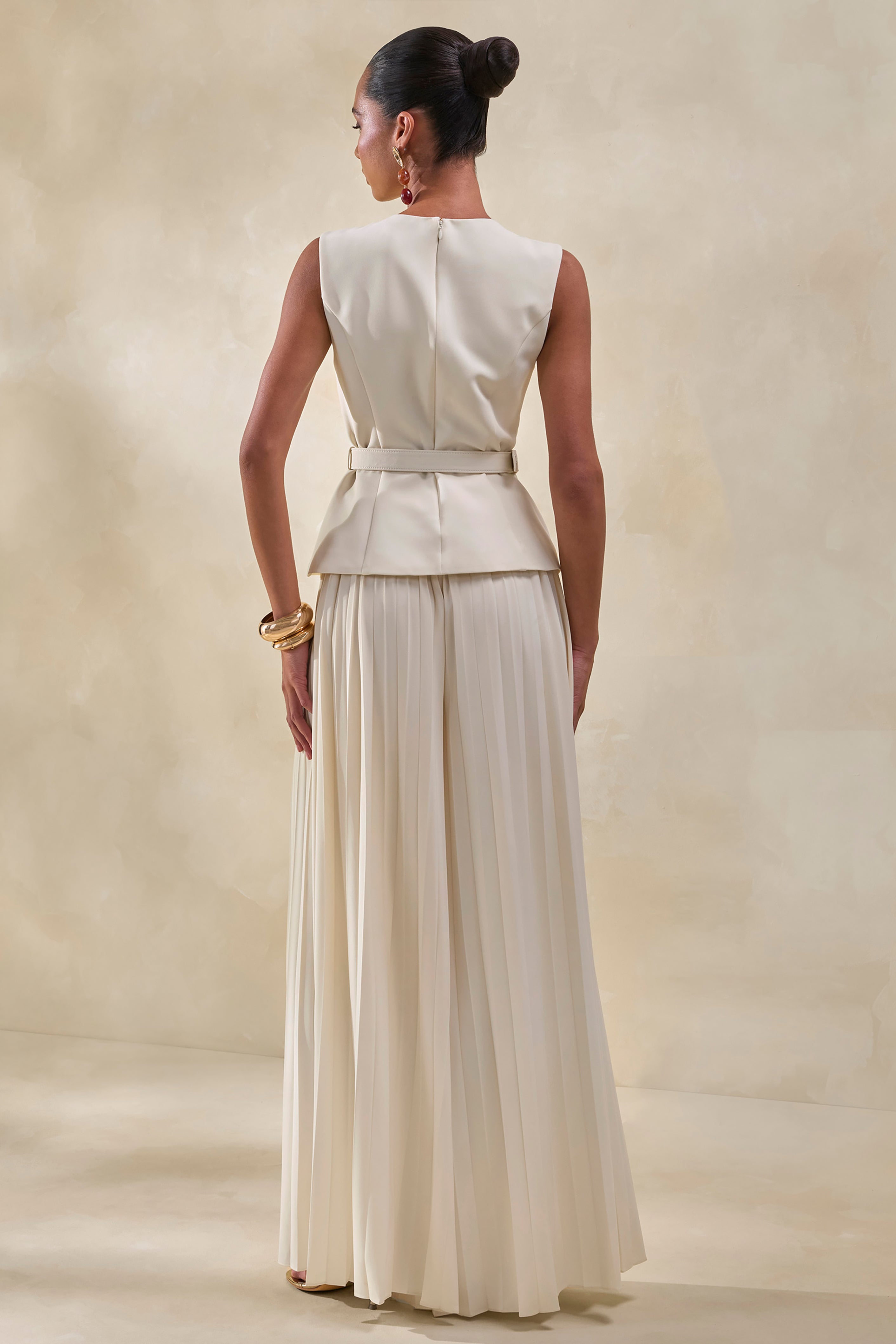 Lerenza | Cream Satin Wide-Leg Pleated Trousers