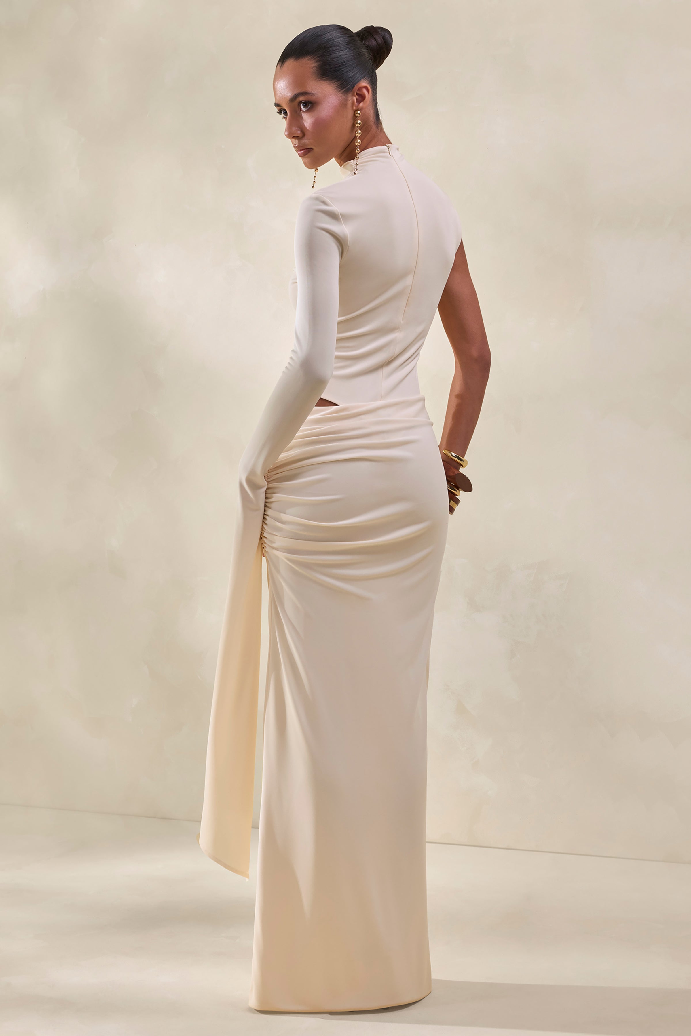 Adessa | Cream Asymmetric Waist Ruched Maxi Skirt
