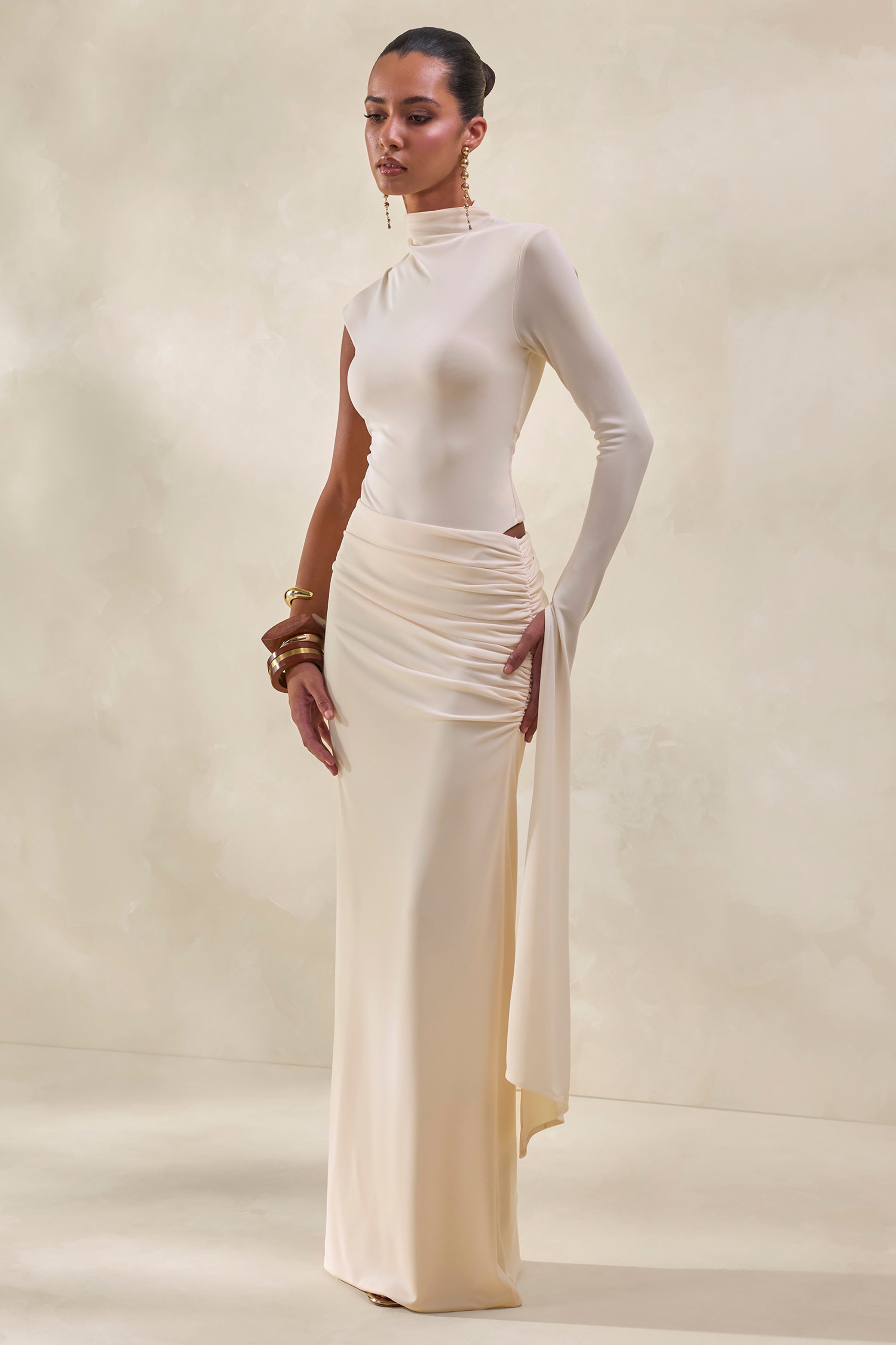 Adessa | Cream Asymmetric Waist Ruched Maxi Skirt
