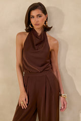 Elisra | Brown Satin Halter-Neck Jumpsuit
