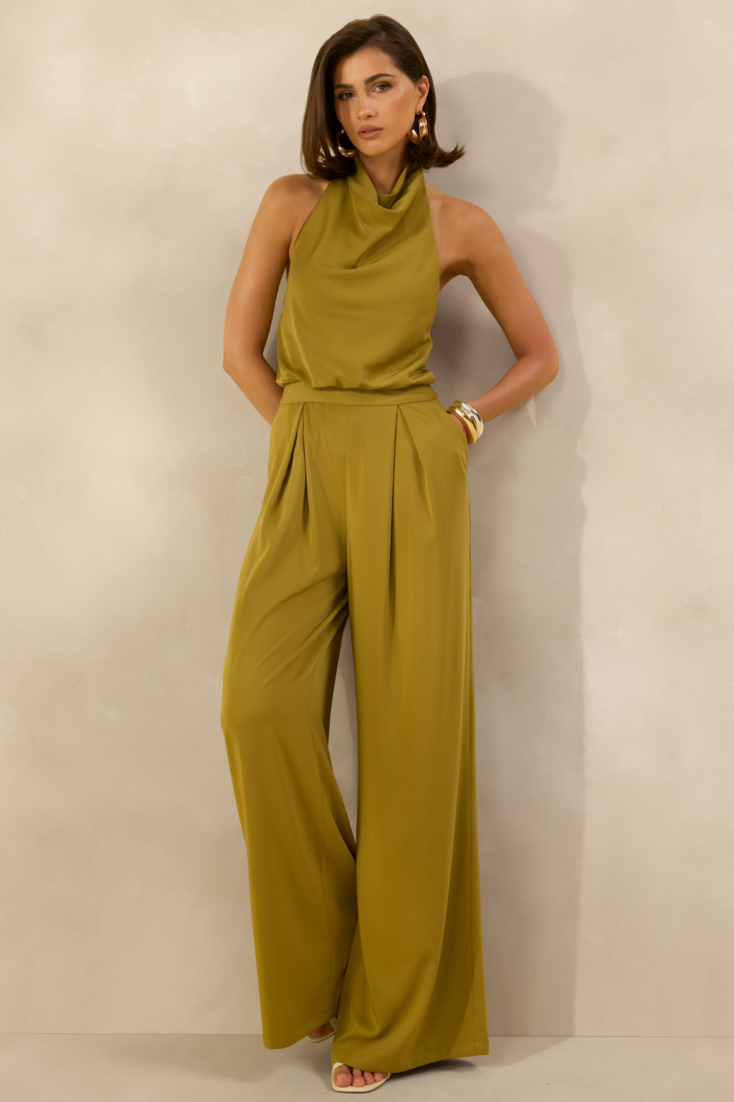 Elisra | Olive Satin Halter-Neck Jumpsuit