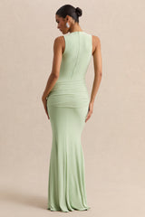Mirene | Mint Round-Neck Maxi-Dress With Gathered-Detailing And Sash