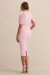 Aderyn | Light Pink High-Neck Maternity Midi Dress With Sheer Cape Sleeves