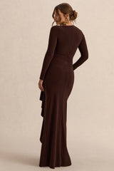 Kamira | Dark Brown Round-Neck Maternity Maxi Dress With Gathered Detailing