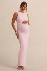 Alitha | Light Pink Round-Neck Maternity Maxi Dress With Ruched Detailing And Front Split
