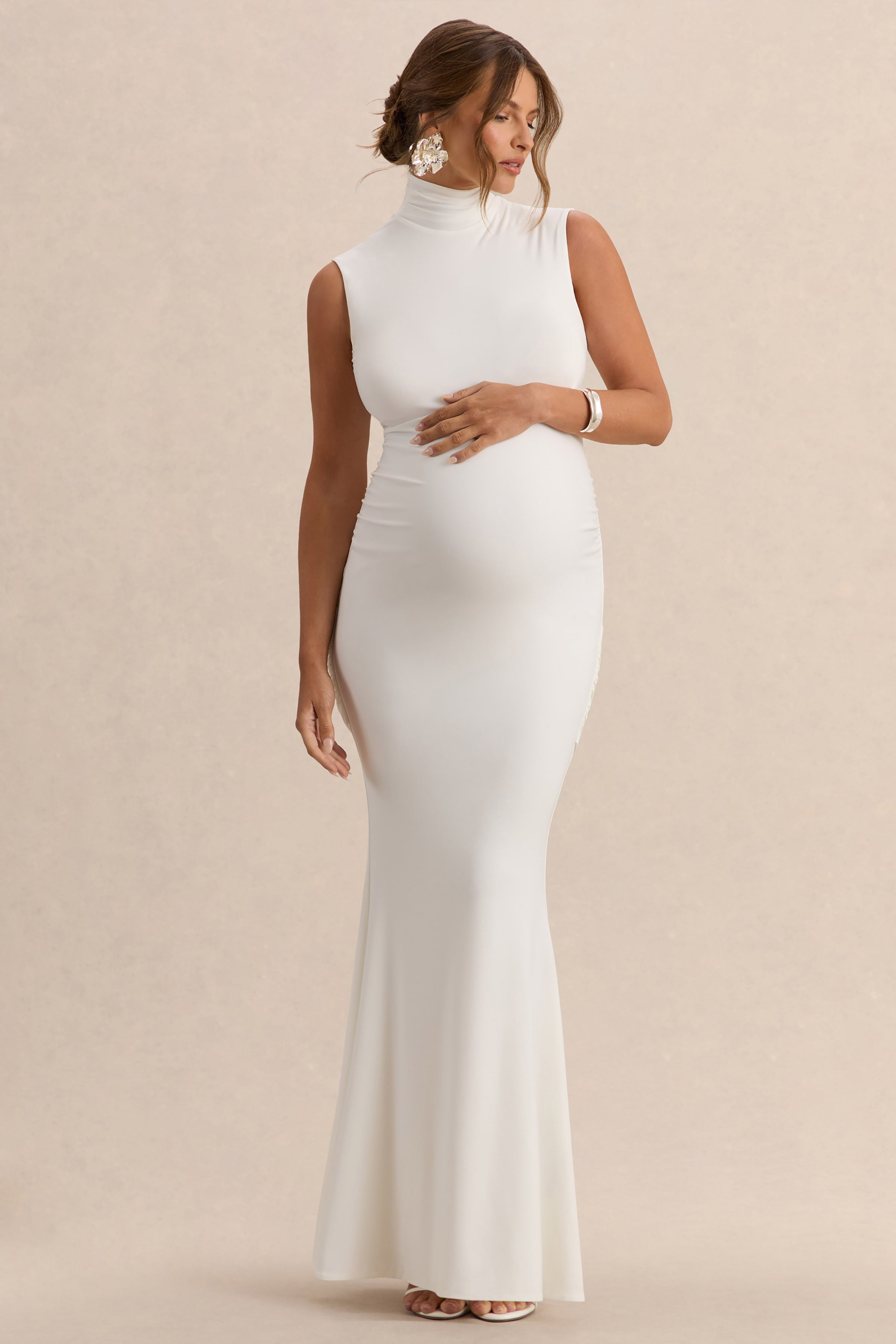 Saffira | White High-Neck Maternity Maxi Dress With Draped Detailing