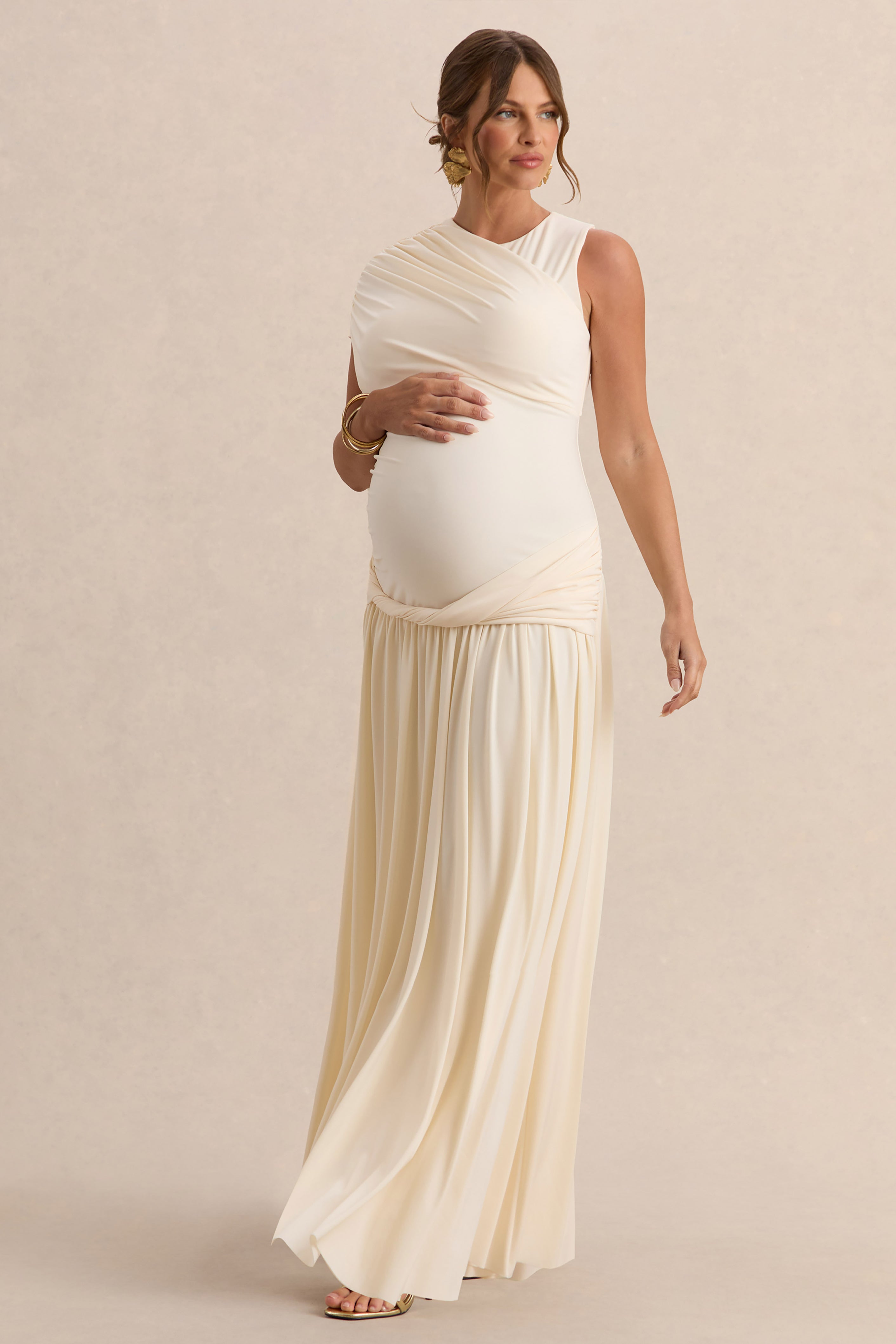 Naida | Cream Round-Neck Maternity Maxi Dress With Draped Detailing