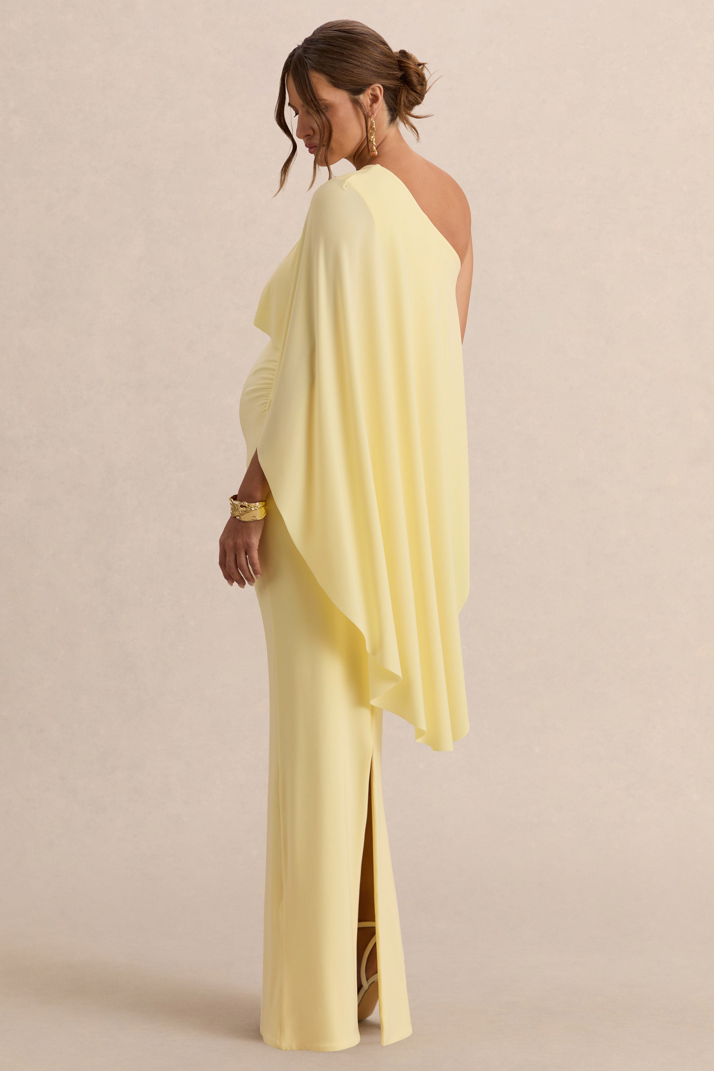 Cicely | Lemon Asymmetric-Neck Maternity Maxi Dress With Cape Sleeve