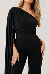 Aurora | Black One Shoulder Cape Sleeve Jumpsuit