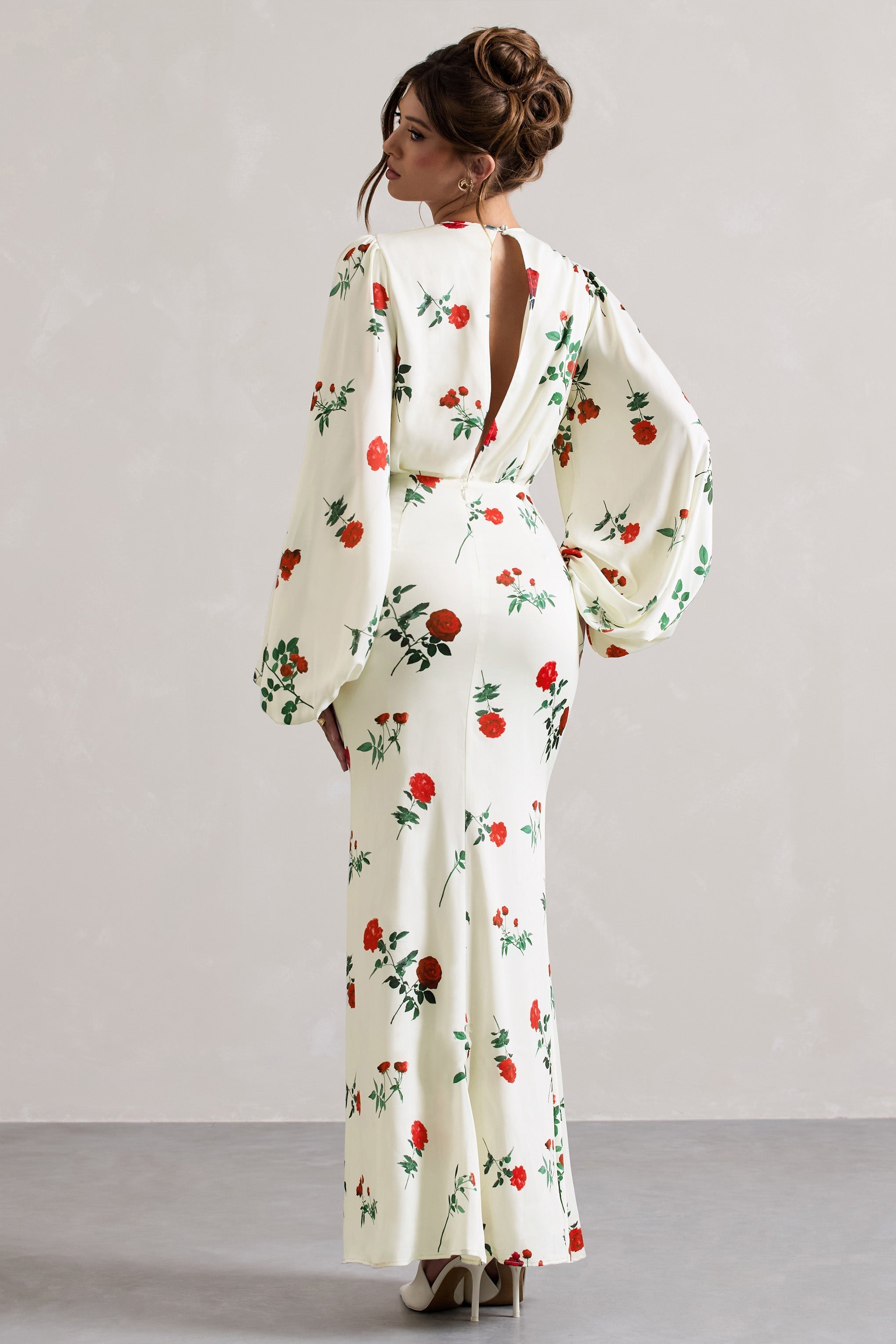 Wild Rose | Rose Print Satin Puff-Sleeve Cut-Out Maxi Dress