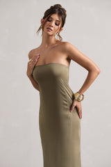 Azra | Olive Satin Bandeau Maxi Dress