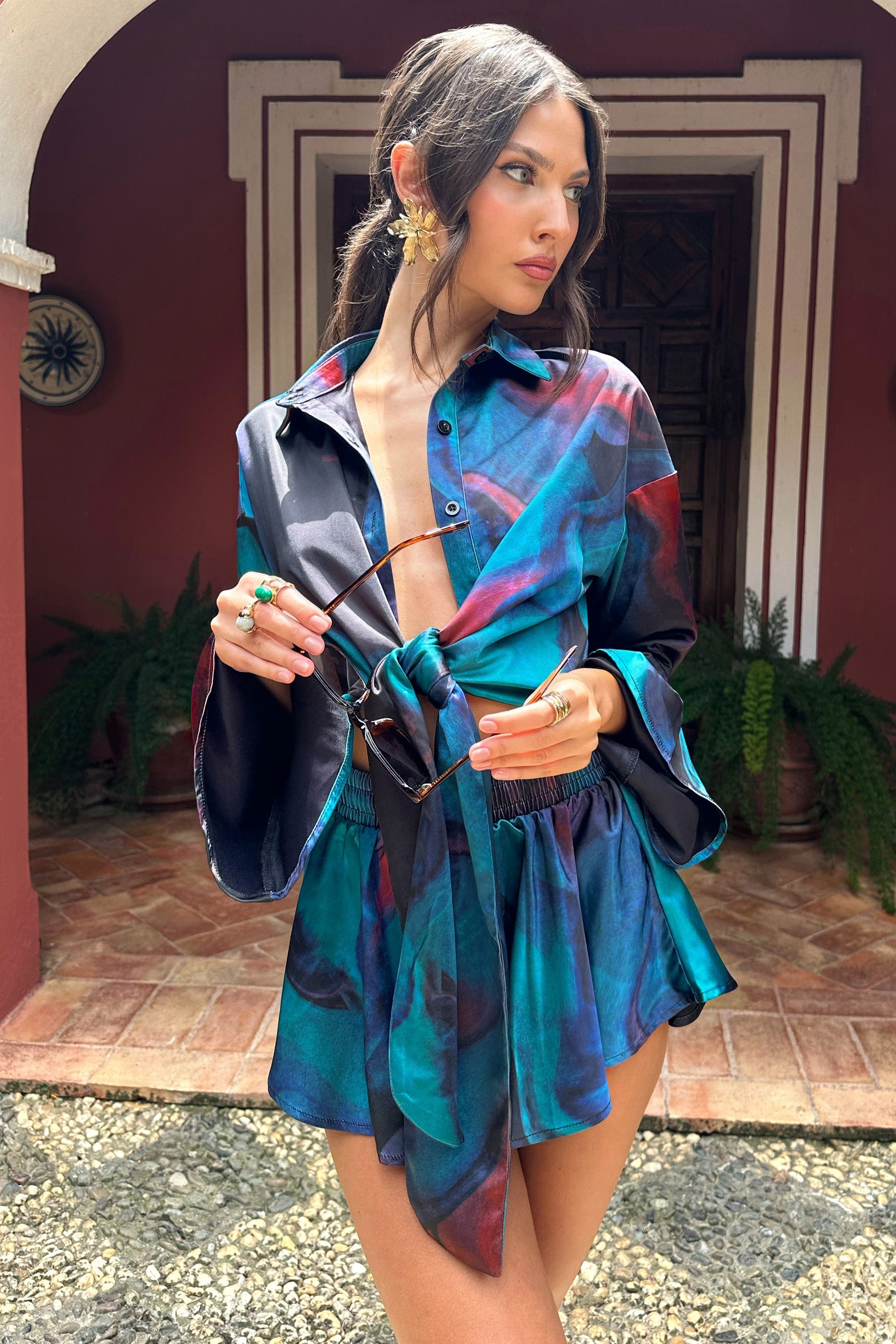 Marisela | Blue Print Satin Flared Sleeve Cropped  Shirt