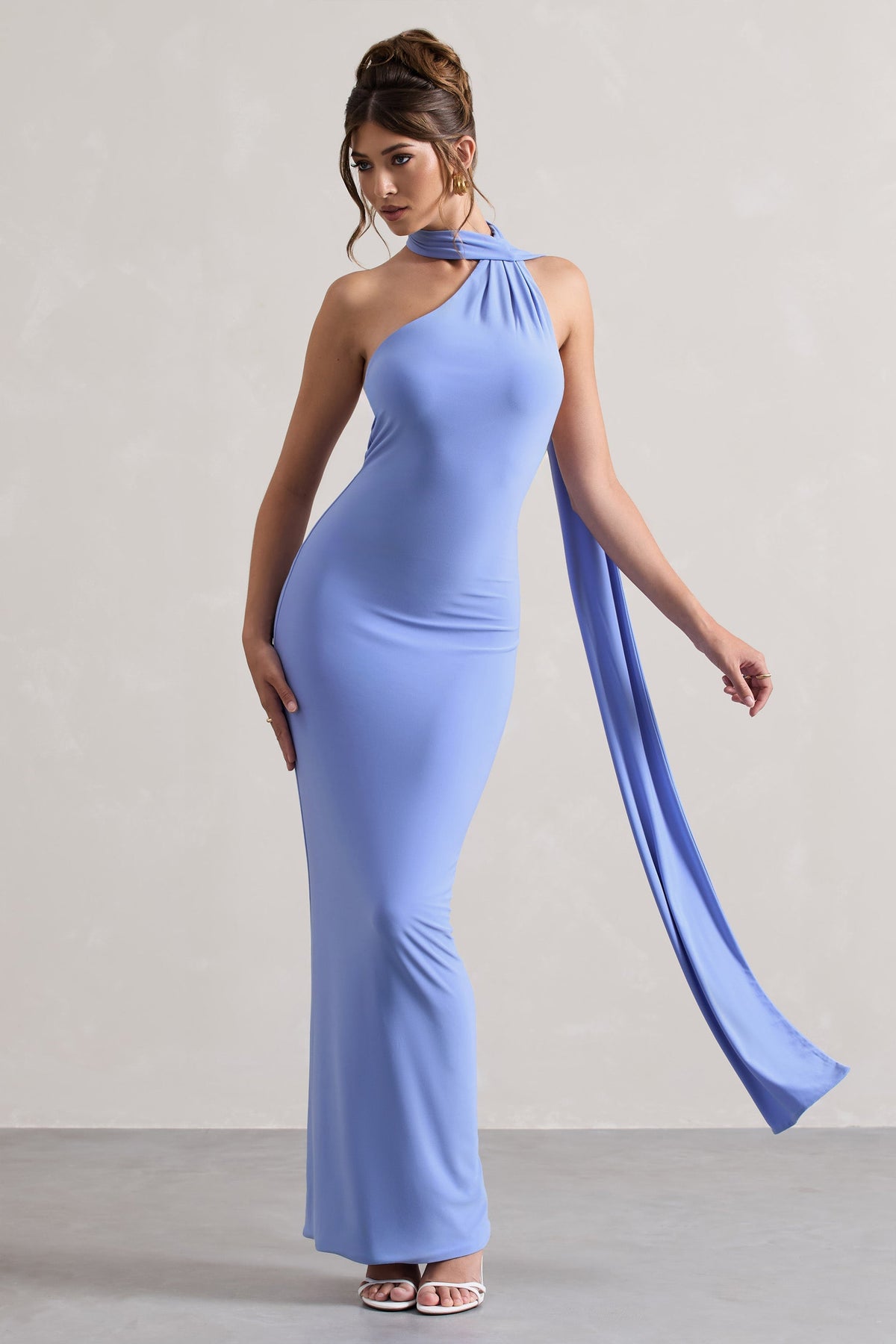 Miss | Pale Blue One Shoulder Backless Maxi Dress With Scarf